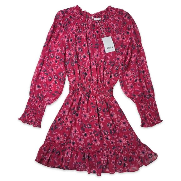 Misa Los Angeles Dresses & Skirts - MISA Los Angeles Floral Mini Dress Size XS Pink Long Sleeve Smocked Waist NWT